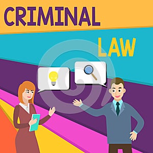 Text sign showing Criminal Law. Conceptual photo legal system which relates to punishing those commits crime Business