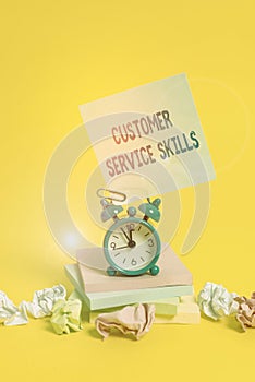 Text sign showing Customer Service Skills. Conceptual photo Aptitude to master to improve dealings with client Alarm