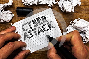 Text sign showing Cyber Attack. Conceptual photo An attempt by hackers to Damage Destroy a Computer System Man holding marker note