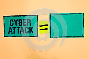 Text sign showing Cyber Attack. Conceptual photo An attempt by hackers to Damage Destroy a Computer System Turquoise paper notes r