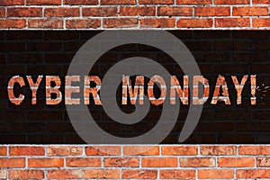 Text sign showing Cyber Monday. Conceptual photo Special sales after Black Friday Online Shopping Ecommerce Brick Wall