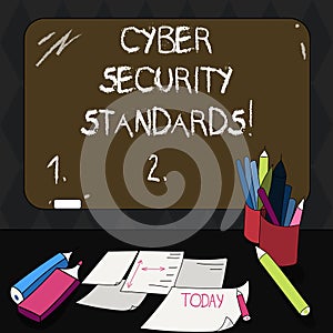 Text sign showing Cyber Security Standards. Conceptual photo Rules for organizational info security standards Mounted