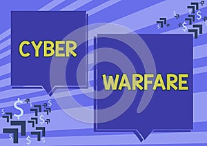 Text sign showing Cyber Warfare. Business idea Virtual War Hackers System Attacks Digital Thief Stalker Two Colorful