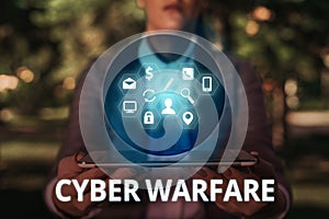 Text sign showing Cyber Warfare. Conceptual photo Virtual War Hackers System Attacks Digital Thief Stalker.