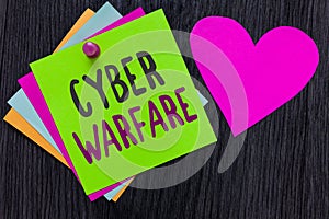 Text sign showing Cyber Warfare. Conceptual photo Virtual War Hackers System Attacks Digital Thief Stalker Papers Romantic lovely