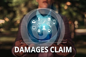 Text sign showing Damages Claim. Conceptual photo Deanalysisd Compensation Litigate Insurance File Suit. photo