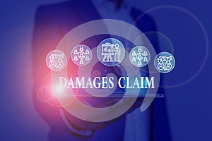 Text sign showing Damages Claim. Conceptual photo Deanalysisd Compensation Litigate Insurance File Suit Male human wear photo