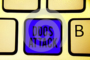 Text sign showing Ddos Attack. Conceptual photo perpetrator seeks to make network resource unavailable Keyboard blue key Intention