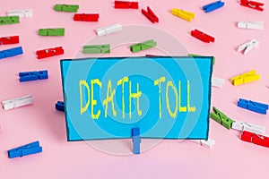 Text sign showing Death Toll. Conceptual photo the number of deaths resulting from a particular incident Colored