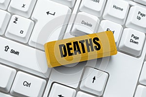 Text sign showing Deaths. Concept meaning permanent cessation of all vital signs, instance of dying individual Typing