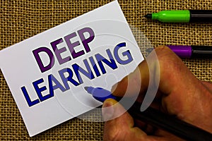 Text sign showing Deep Learning. Conceptual photo Hierarchical Abstractions Artificial Intelligence Algorithm Man hand holding mar