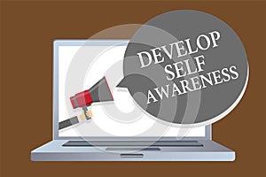 Text sign showing Develop Self Awareness. Conceptual photo increase conscious knowledge of own character Laptop desktop speaker al