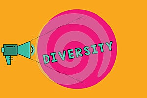 Text sign showing Diversity. Conceptual photo state of being diverse range different things miscellany mixture Megaphone