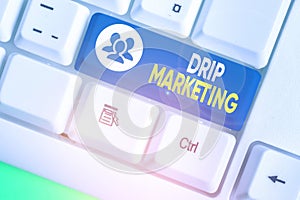Text sign showing Drip Marketing. Conceptual photo sending promotional pieces to current and potential clients