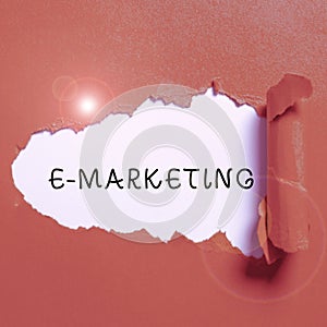 Text sign showing E Marketing. Concept meaning business that sells product or service electronically