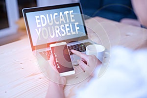 Text sign showing Educate Yourself. Conceptual photo prepare oneself or someone in a particular area or subject woman