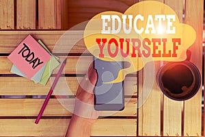 Text sign showing Educate Yourself. Conceptual photo prepare oneself or someone in a particular area or subject woman computer