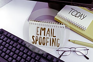 Text sign showing Email Spoofing. Business idea secure the access and content of an email account or service