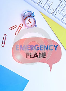 Text sign showing Emergency Plan. Conceptual photo actions developed to mitigate damage of potential events Flat lay above table