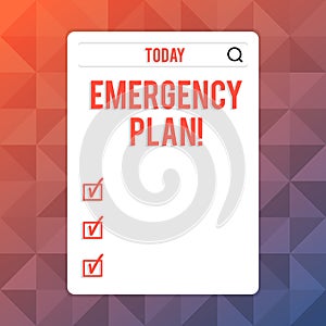 Text sign showing Emergency Plan. Conceptual photo actions developed to mitigate damage of potential events Search Bar