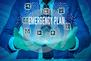 Text sign showing Emergency Plan. Conceptual photo procedures for handling sudden or unexpected situations Male human