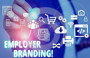 Text sign showing Employer Branding. Conceptual photo promoting company employer choice to desired target group Male human wear