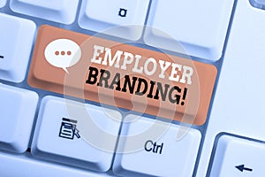 Text sign showing Employer Branding. Conceptual photo promoting company employer choice to desired target group White pc photo