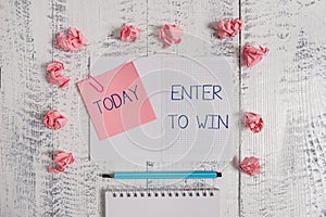 Text sign showing Enter To Win. Conceptual photo exchanging something value for prize or chance of winning Squared photo