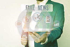 Text sign showing Fake News. Conceptual photo Giving information to showing that is not true by the media Male human photo