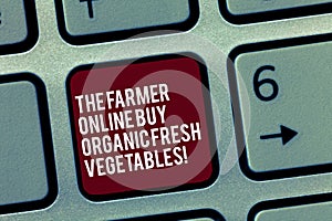 Text sign showing The Farmer Online Buy Organic Fresh Vegetables. Conceptual photo Purchase healthy food Keyboard key