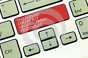 Text sign showing The Farmer Online Buy Organic Fresh Vegetables. Conceptual photo Purchase healthy food Keyboard key