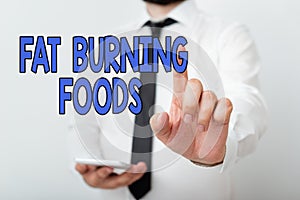 Text sign showing Fat Burning Foods. Conceptual photo produce fat loss by stimulating metabolism to reduce appetite