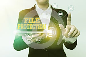 Text sign showing File Protection. Business approach Preventing accidental erasing of data using storage medium Woman In