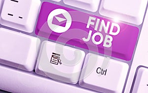 Text sign showing Find Job. Conceptual photo An act of demonstrating to find or search work suited for his profession.