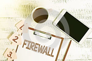 Text sign showing Firewall. Word Written on protect network or system from unauthorized access with firewall Typing New