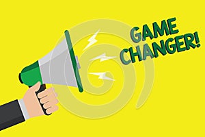 Text sign showing Game Changer. Conceptual photo Sports Data Scorekeeper Gamestreams Live Scores Team Admins Man holding megaphone