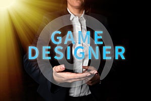 Text sign showing Game Designer. Business idea Campaigner Pixel Scripting Programmers Consoles 3D Graphics