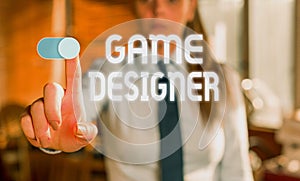 Text sign showing Game Designer. Conceptual photo Campaigner Pixel Scripting Programmers Consoles 3D Graphics Blurred