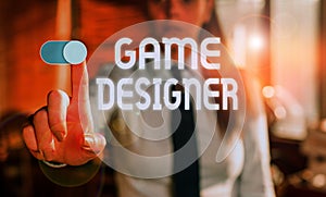 Text sign showing Game Designer. Conceptual photo Campaigner Pixel Scripting Programmers Consoles 3D Graphics Blurred photo