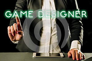 Text sign showing Game Designer. Word for Campaigner Pixel Scripting Programmers Consoles 3D Graphics Businesswoman