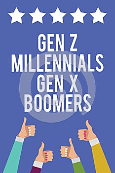 Text sign showing Gen Z Millennials Gen X Boomers. Conceptual photo Generational differences Old Young people Men women hands thum