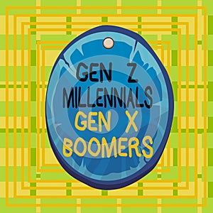 Text sign showing Gen Z Millennials Gen X Boomers. Conceptual photo Generational differences Old Young showing Oval
