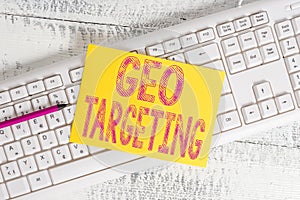 Text sign showing Geo Targeting. Conceptual photo Digital Ads Views IP Address Adwords Campaigns Location White keyboard photo