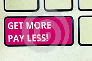 Text sign showing Get More Pay Less. Conceptual photo Big sale Offer discounts promotion savings in purchasing Keyboard