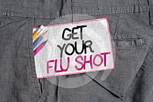 Text sign showing Get Your Flu Shot. Conceptual photo immunization is given yearly to protect against the influenza