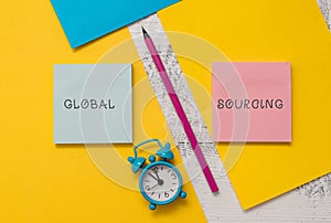 Text sign showing Global Sourcing. Conceptual photo practice of sourcing from the global market for goods Notepads photo