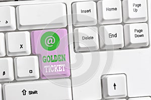 Text sign showing Golden Ticket. Conceptual photo Rain Check Access VIP Passport Box Office Seat Event White pc keyboard