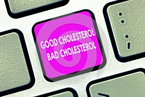 Text sign showing Good Cholesterol Bad Cholesterol. Conceptual photo Fats in the blood come from the food we eat