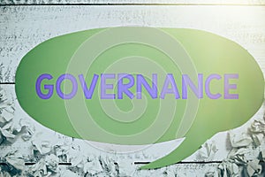 Text sign showing Governance. Business approach exercised in handling an economic situation in a nation Notebook With