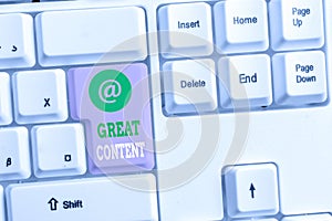 Text sign showing Great Content. Conceptual photo Satisfaction Motivational Readable Applicable Originality White pc